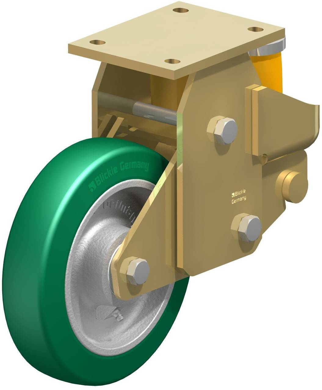 Industrie-Stützrad mit grünem Rad und goldener Halterung. Verwendet für Beweglichkeit und Unterstützung in Maschinen oder Geräten.