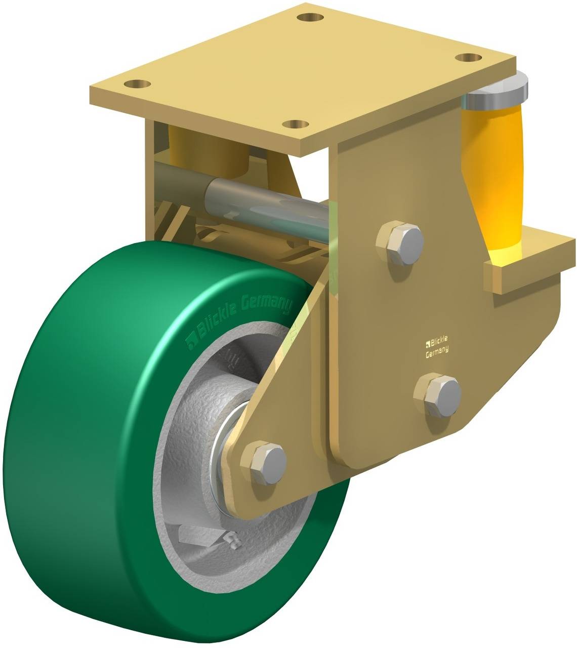 Industrielle Lenkrolle mit grünem Rad, gelber Federung und goldfarbenem Metallgehäuse, geeignet für schwere Lasten.