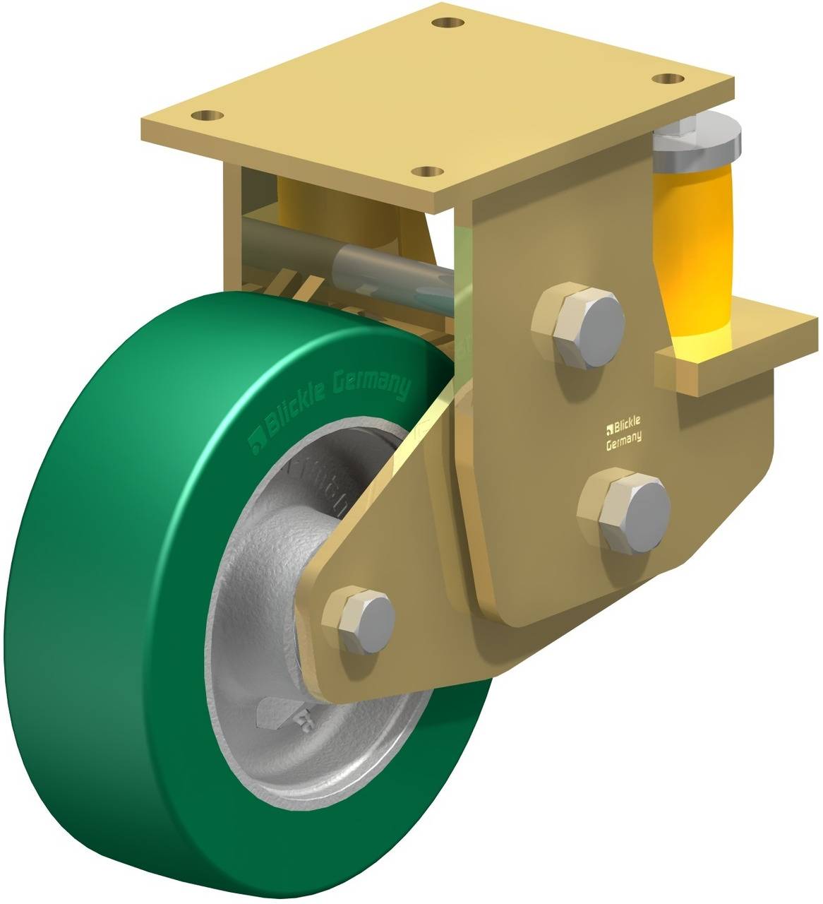 Schwenkrolle mit grünem Rad und gelbem Dämpfungselement, montiert in einer Metallhalterung.