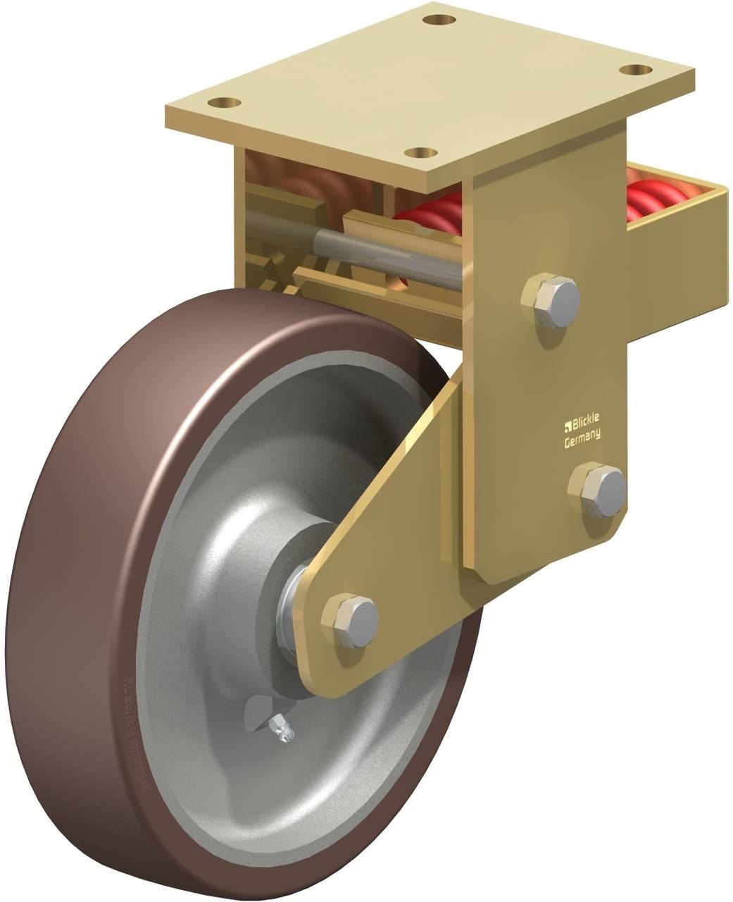 Beige Schwerlastrolle aus Metall mit braunem Rad, montiert auf einer Aufhängung mit Schrauben und Federn, geeignet für industrielle Anwendungen.