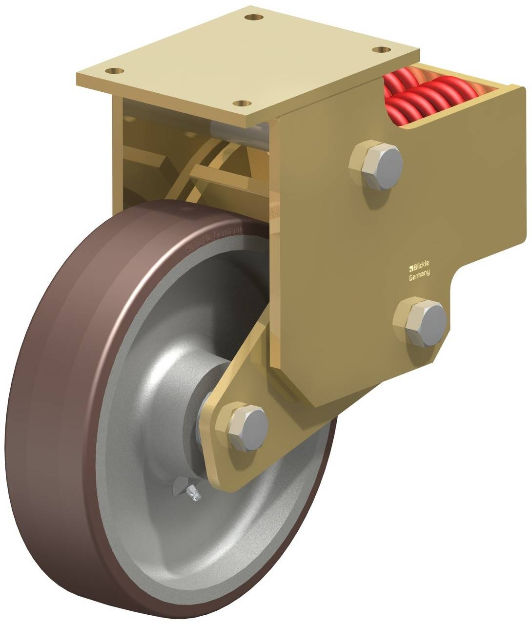 Industrielles Stützrad mit Federmechanismus. Wird verwendet zur Dämpfung von Stößen und Vibrationen bei schweren Maschinen oder Geräten.