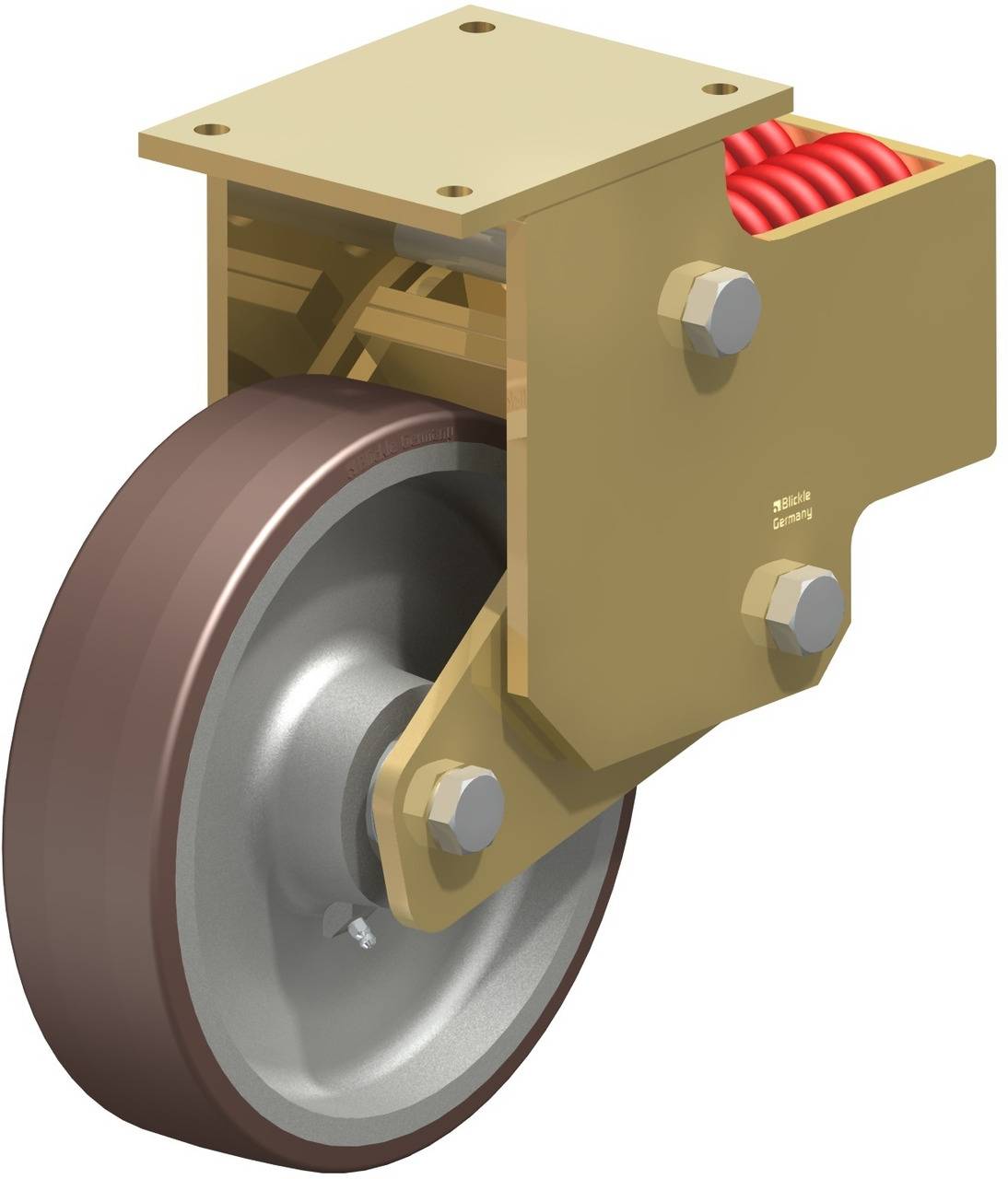 Ein industrielles Rad mit Metallrahmen und Feder, befestigt an einer Halterung.