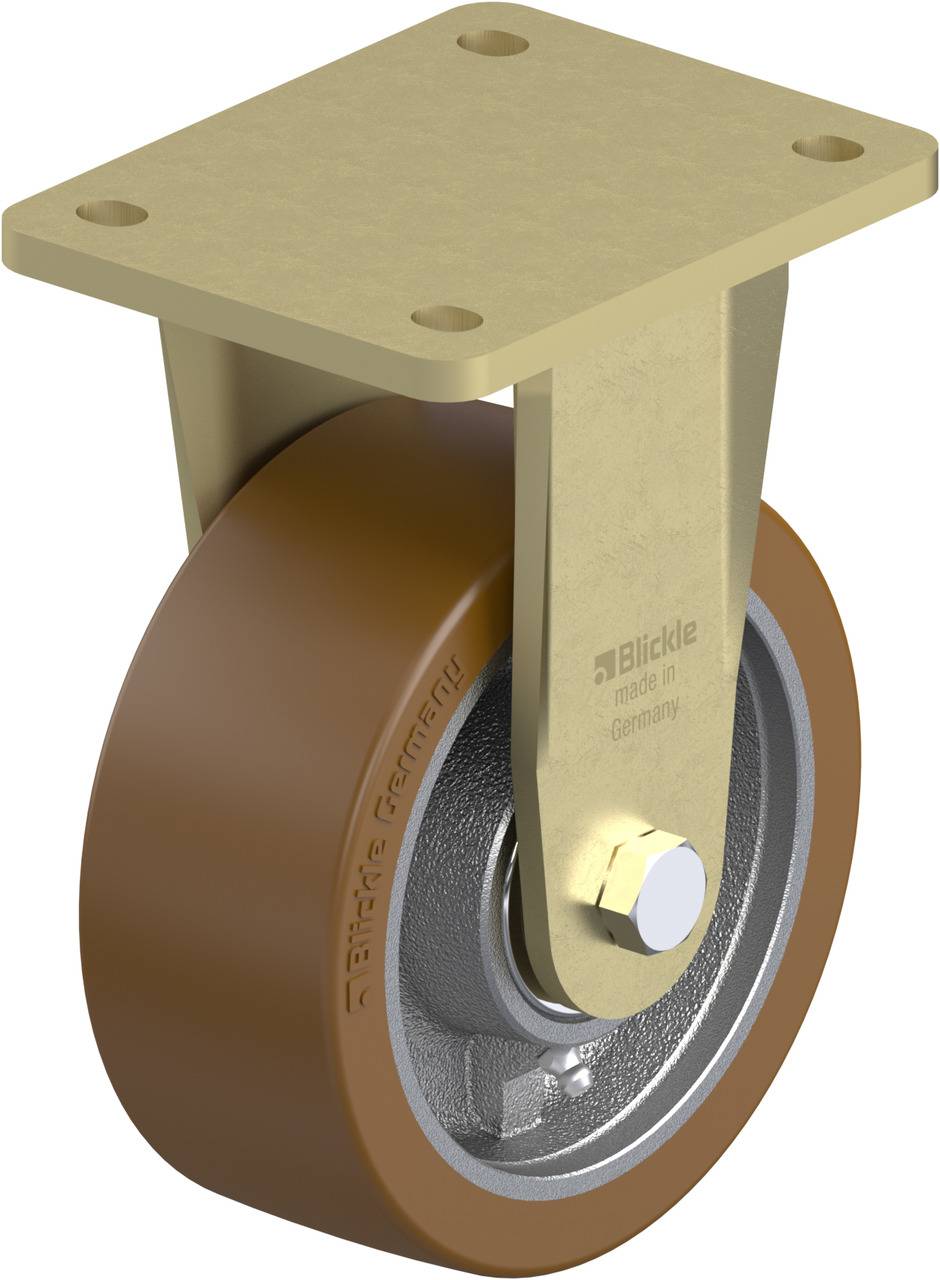 Industrierolle aus Metall mit großer brauner Gummilauffläche und rechteckiger Befestigungsplatte oben, geeignet für schwere Lasten.