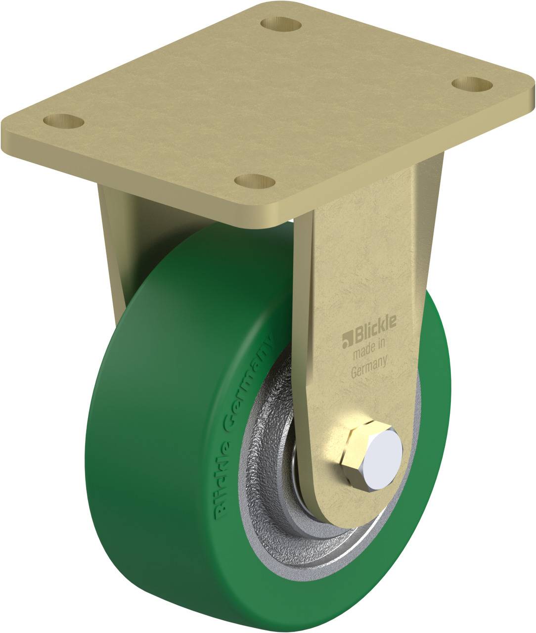 Schwenkrolle mit grünem Rad und Metallhalterung, geeignet für Transportwagen. Hersteller: Blickle, 