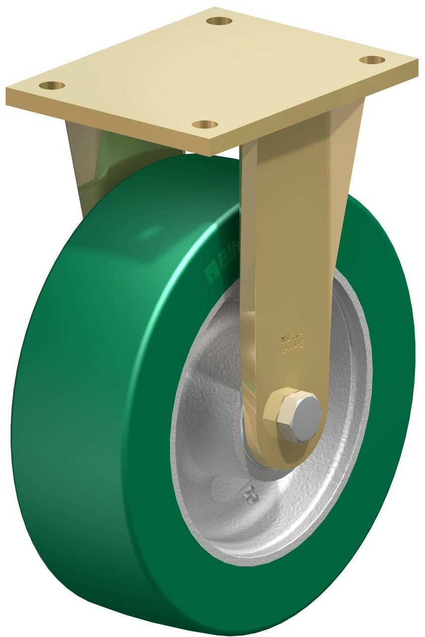 Schwenkbare Rolle mit grünem Rad und gelbem Metallhalter. Eignet sich für industrielle Anwendungen oder schwere Lastwagen.