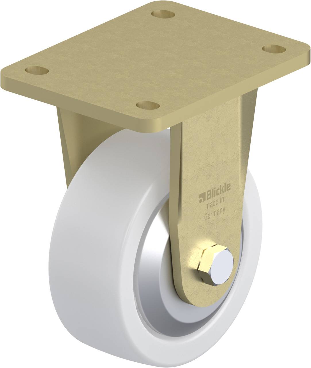 Rollwagenrad mit weißem Rad und goldener Halterung. Oben eine rechteckige Montageplatte mit vier Bohrungen.