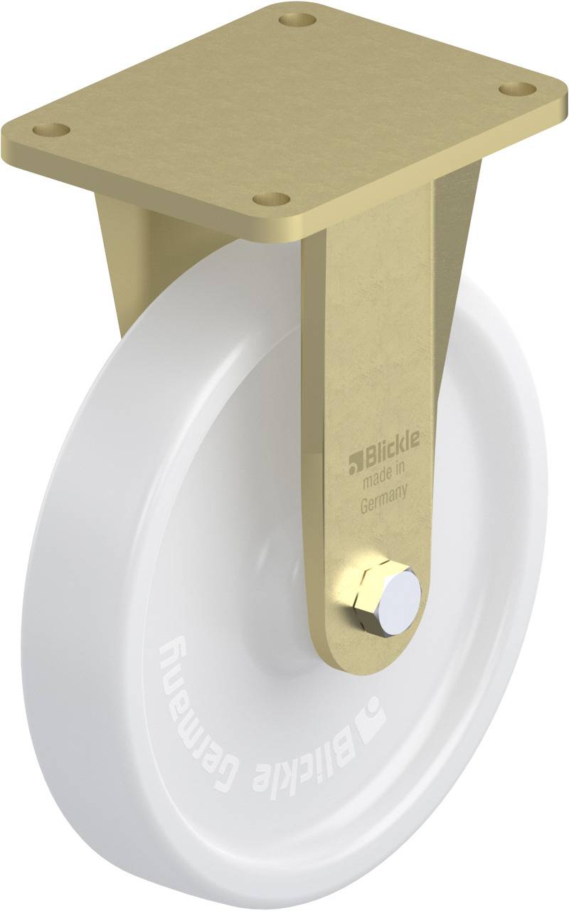 Industrie-Rolle mit weißem Rad und goldener Halterung, seitliche Ansicht. Markenaufdruck 'Blickle' sichtbar auf dem Rad.