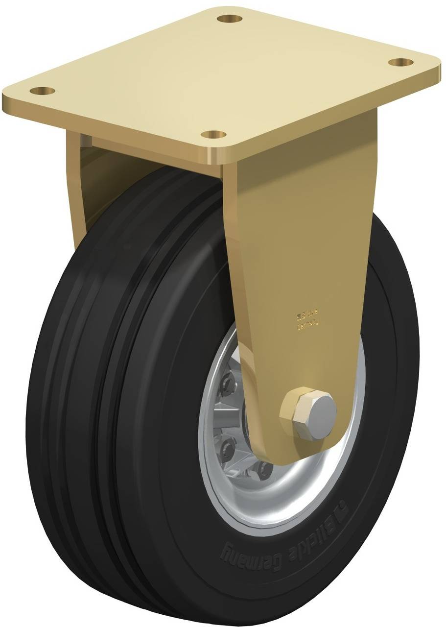 Ein robustes, schwenkbares Rad mit schwarzem Gummi und goldfarbenem Metallgehäuse. Geeignet für schwere Lasten.