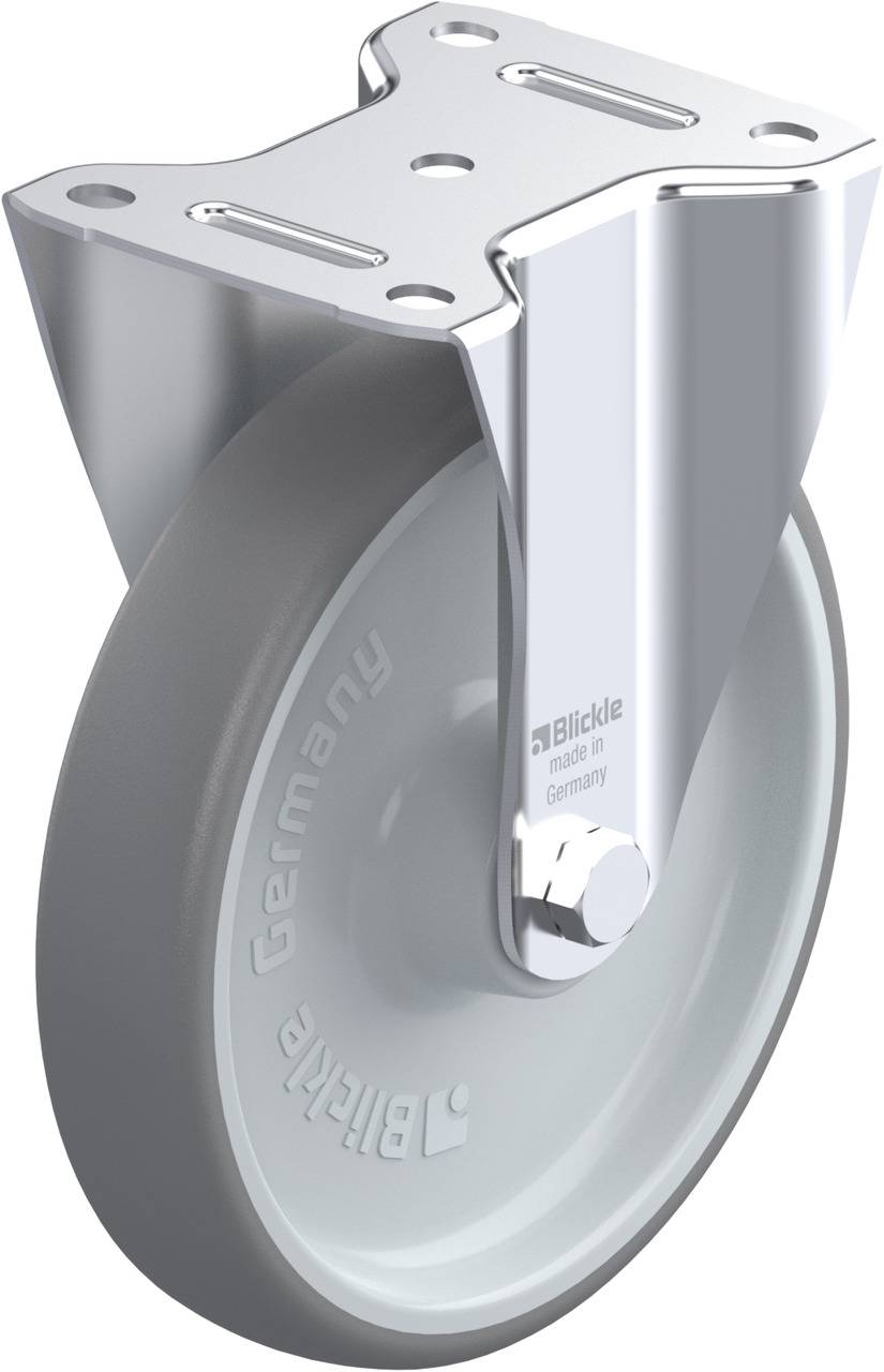 'Graues Lenkrollen-Rad mit metallischer Montageplatte, Aufschrift 
