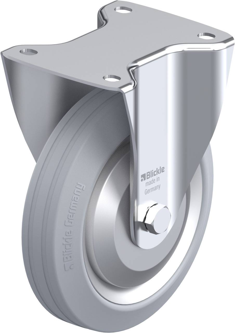 Grau-silbernes Lenkrolle mit Metallhalterung, geeignet für Transportgeräte. Aufschrift 'Blickle made in Germany'.