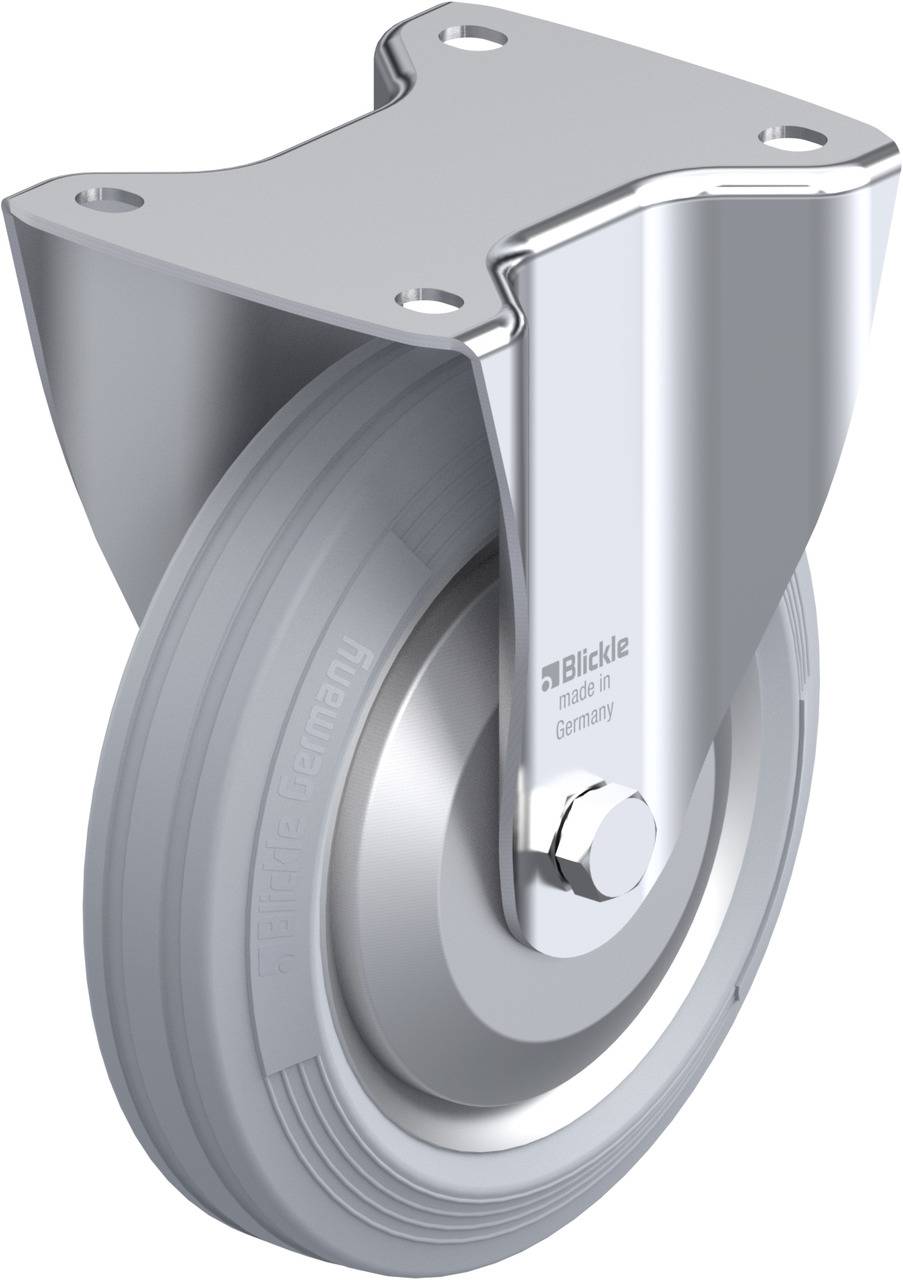 Graues, drehbares Rad mit einer Halterung. Die Halterung ist aus Metall und das Rad hat den Schriftzug 'Blickle made in Germany'.