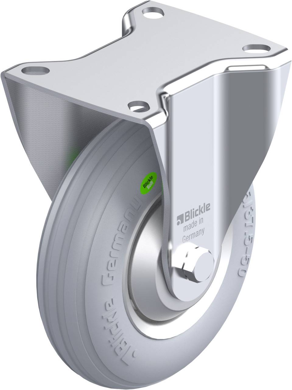 Metallenes Schwenkrollenrad mit grauem Reifen, Aufschrift 'Blickle made in Germany', solider Aufbau für industrielle Anwendungen.