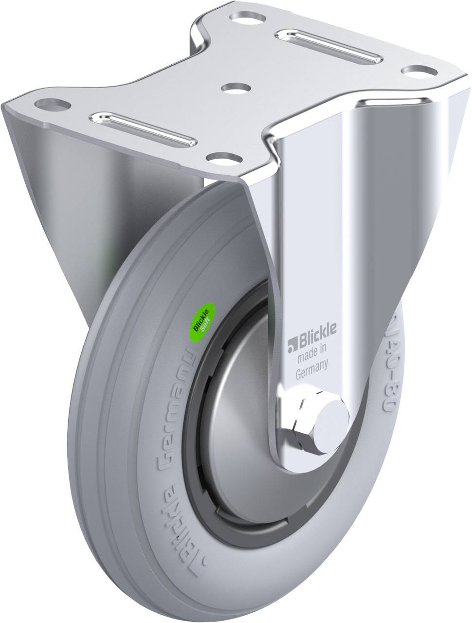 Es ist ein graues Rad mit Metallhalterung, das einen glänzenden, industriellen Eindruck vermittelt. Es hat Gravuren und eine Schraubbefestigung.