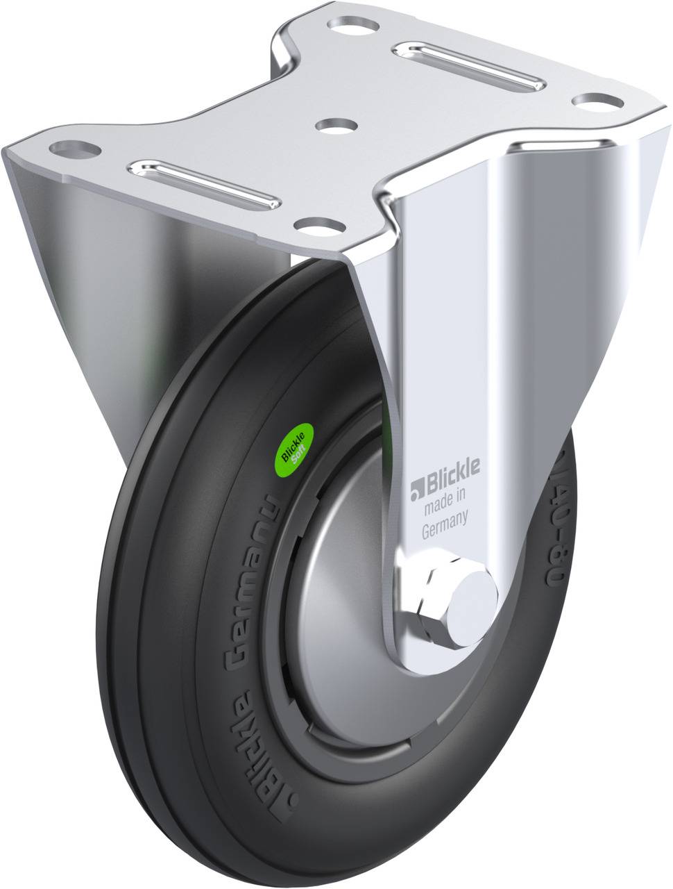 Metallrolle mit schwarzem Gummirad und silbernem Halter, geeignet für Möbel oder Geräte. Markierung: 'Blickle made in Germany'.