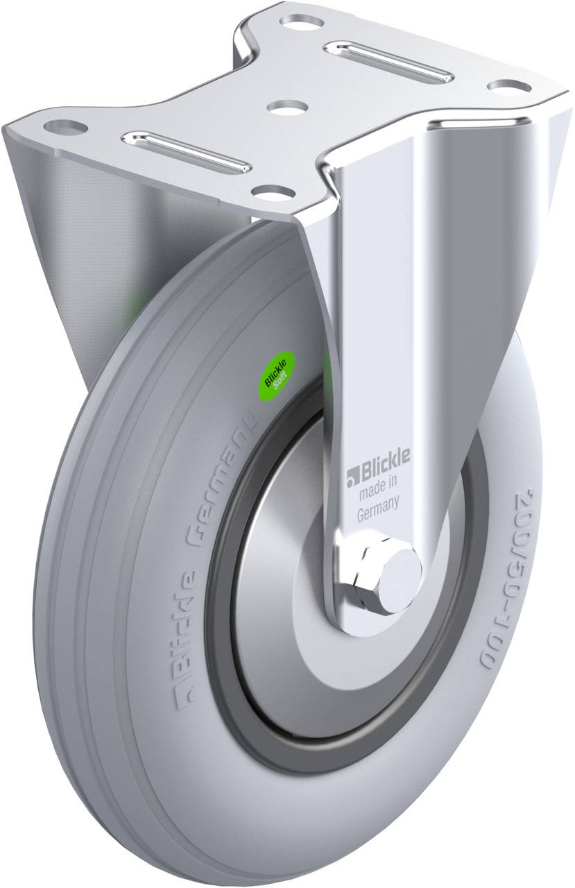 Ein graues Laufrollenrad mit einem silbernen Metallrahmen. Das Rad hat eine glatte Oberfläche und ist für schwere Lasten geeignet.