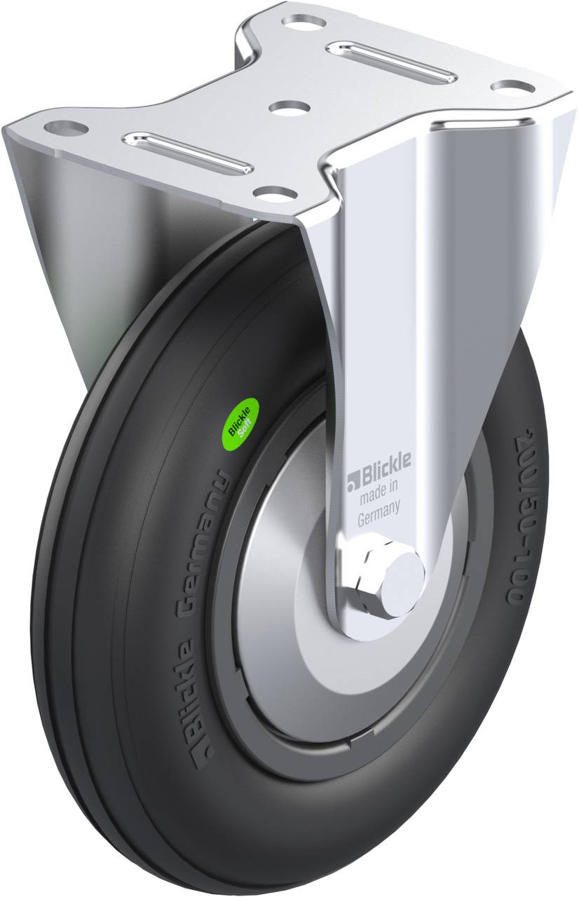 Metallisches Lenkrollenrad mit schwarzem Gummireifen, montiert auf einem silbernen Drehgestell, geeignet für industrielle Anwendungen.