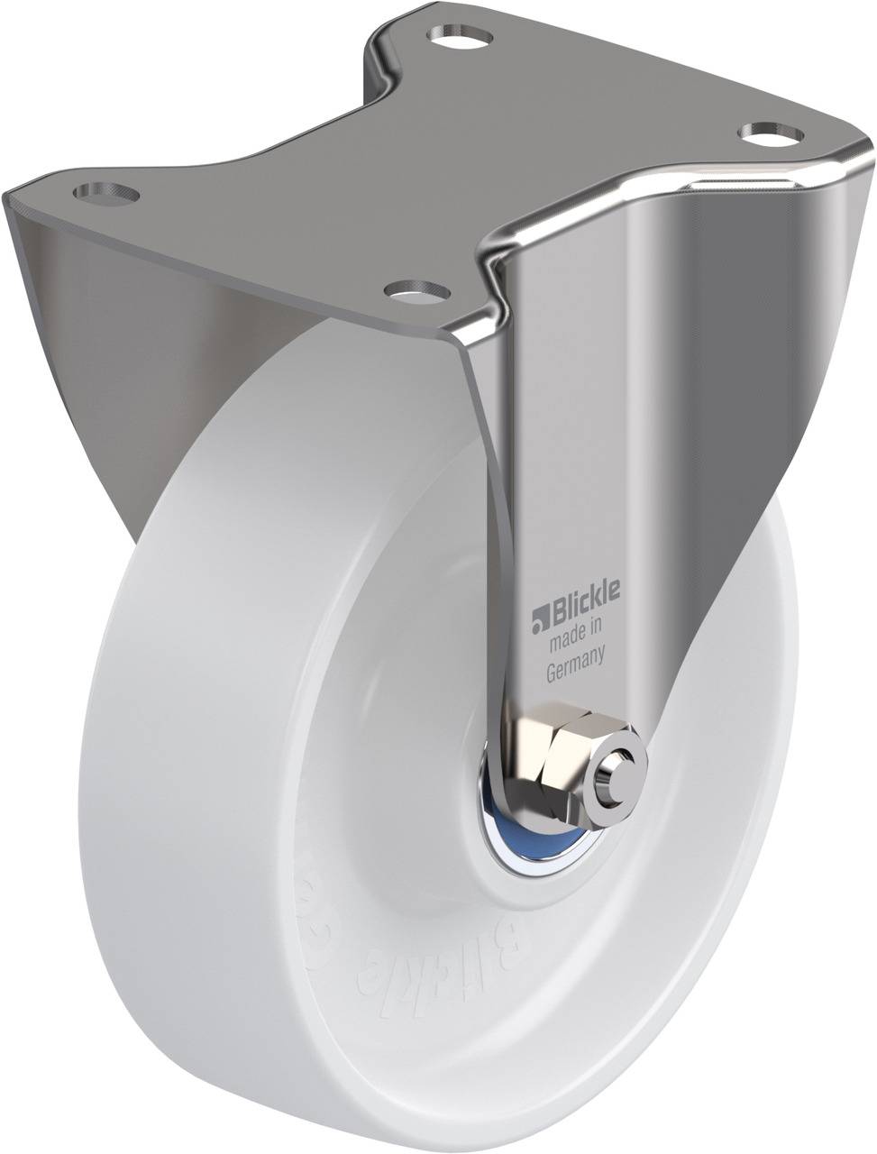 Rolle aus Metall und Kunststoff, mit Befestigungsplatte und Schraube; Produkt von 'Blickle', hergestellt in Deutschland.