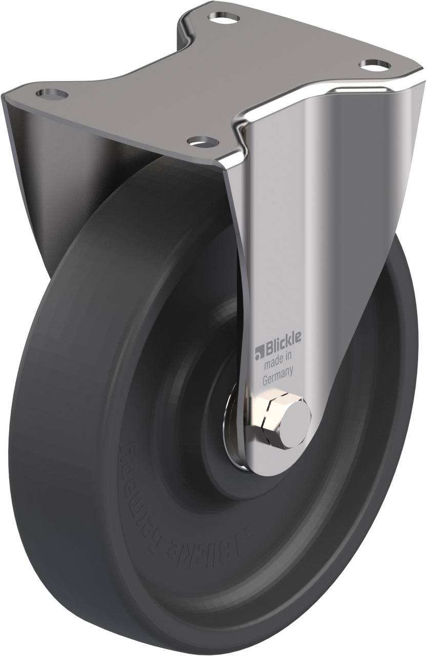 Ein schwarzes Rad mit einer silbernen Halterung, geeignet für den Einsatz an Möbeln oder Wagen, markiert mit 'Blickle, made in Germany'.