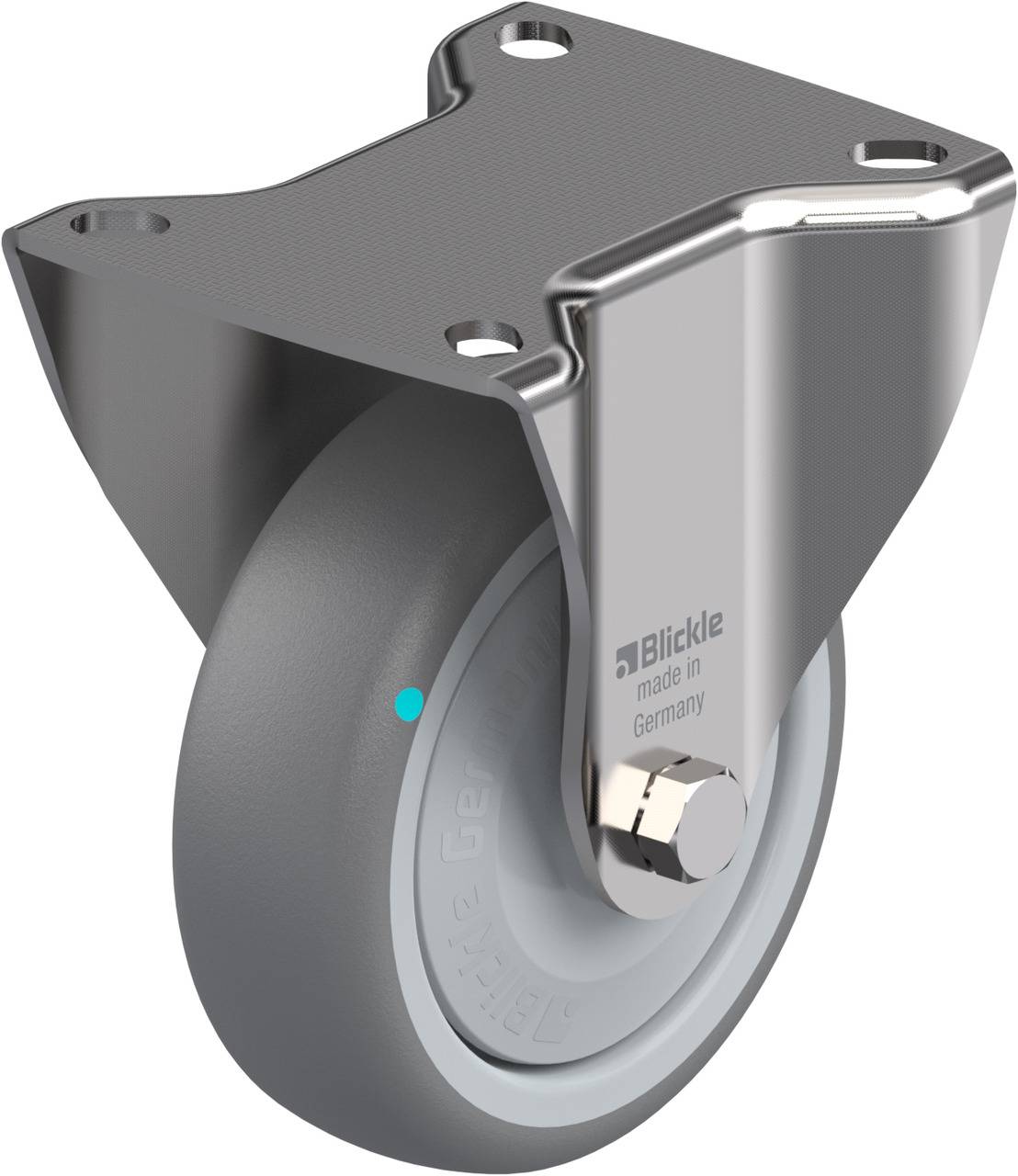 Industrie-Rolle mit grauem Rad und silbernem Metallgehäuse, mit der Aufschrift 'Blickle made in Germany' auf der Halterung.