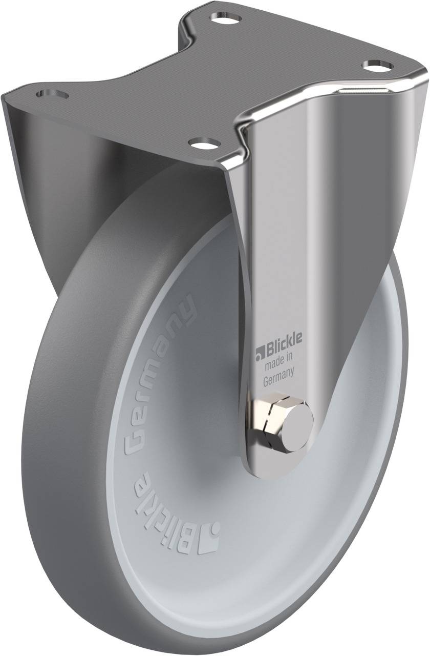 Grau-weißes Bockrad mit Metallhalterung, seitlich beschriftet mit 'Blickle, made in Germany'. Ideal für Möbel oder Transportwagen.