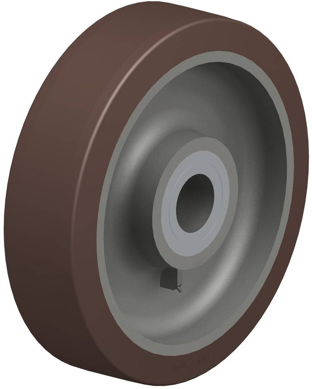 Industrie-Rad aus Metall und Kunststoff mit silbernem Zentralloch und braunem äußeren Ring, für Maschinen oder Transportgeräte geeignet.