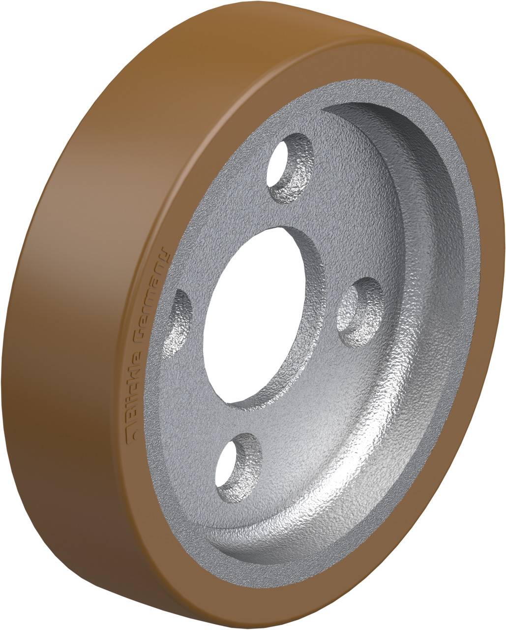 Rundes, metallisches Rad mit braunem Gummibezug, zentralem Loch und drei kleineren Löchern. Verwendung für mechanische Komponenten.