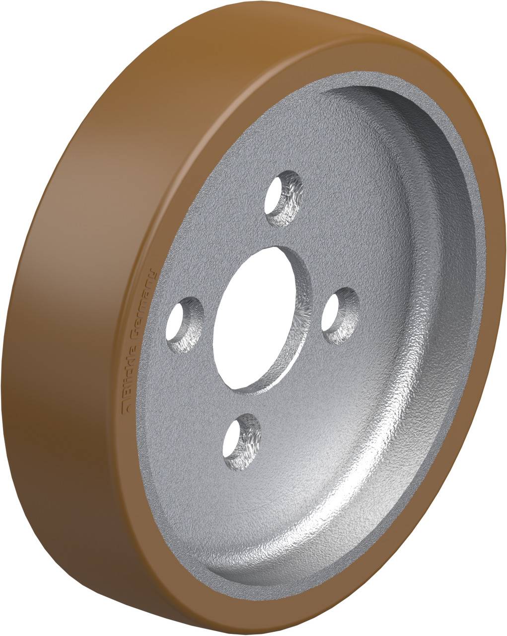 Braunes und graues Rad aus Metall, mit vier kleineren Löchern und einem zentralen Loch, verwendet wahrscheinlich als Maschinenteil.