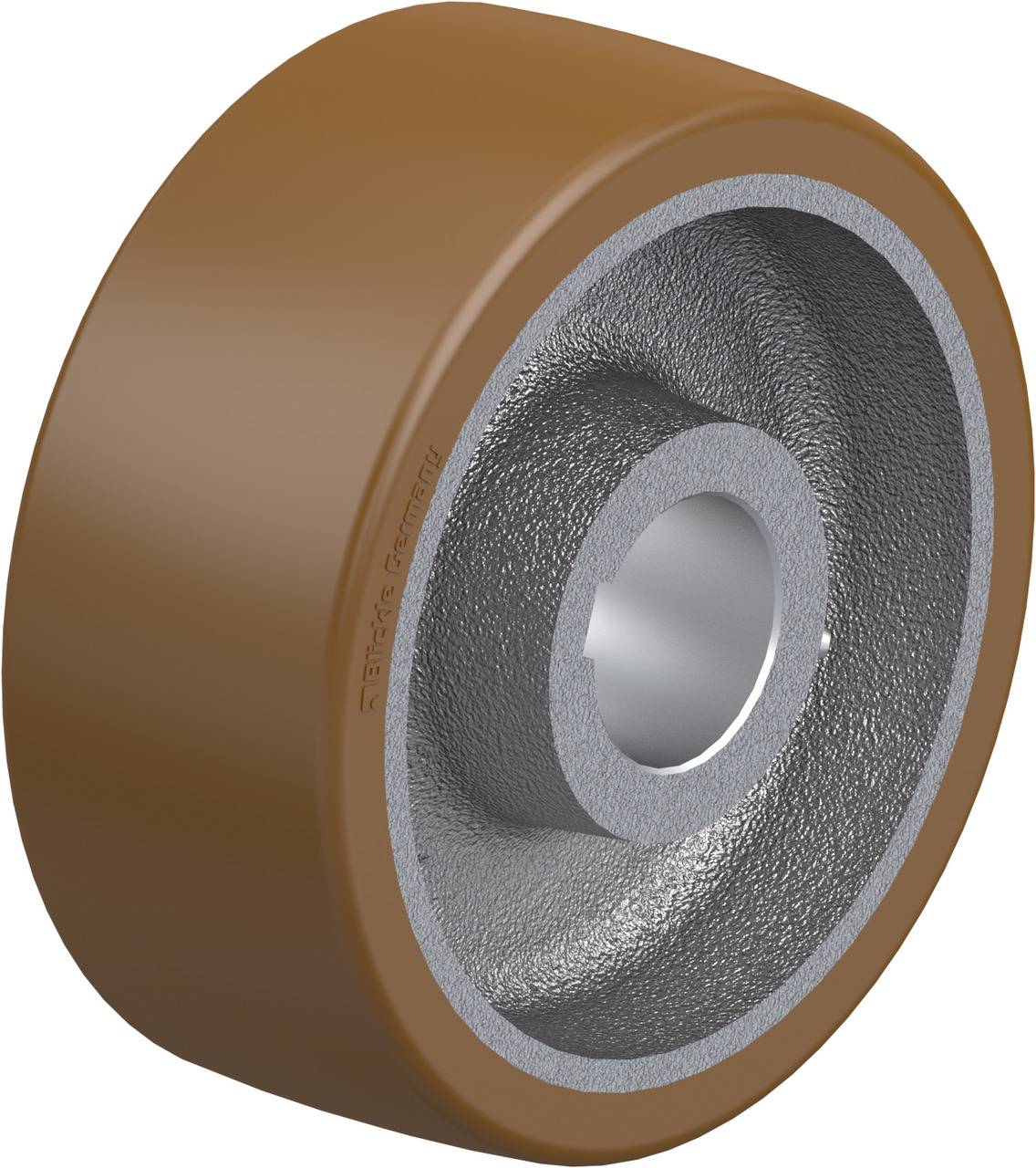 Ein braunes Rad, vermutlich aus Kunststoff, mit grauem Metallkern. Geeignet für industrielle Anwendungen oder Transportgeräte.