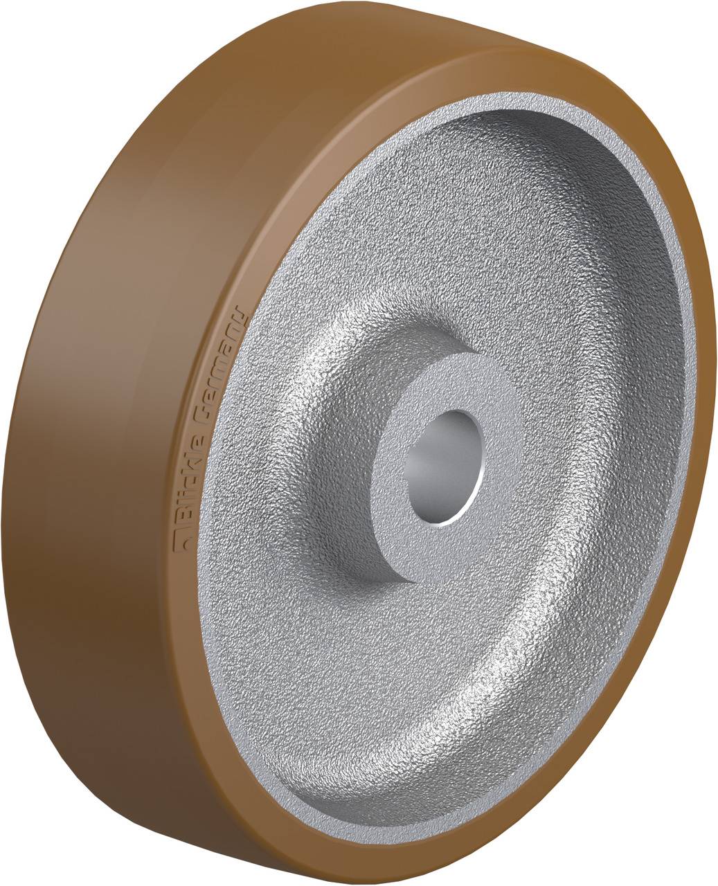 Metallrad mit brauner Kunststofflauffläche, mittig mit Loch, industrielles Design.