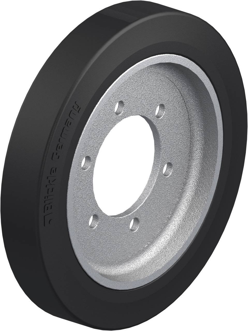 Industrielles Gummirad mit Metallkern, fünf runde Löcher um die zentrale Öffnung.