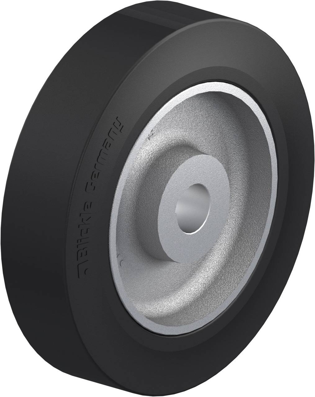 Schwarzes Rad mit silberner Metallmitte, geeignet für hohe Belastungen und industrielle Anwendungen.