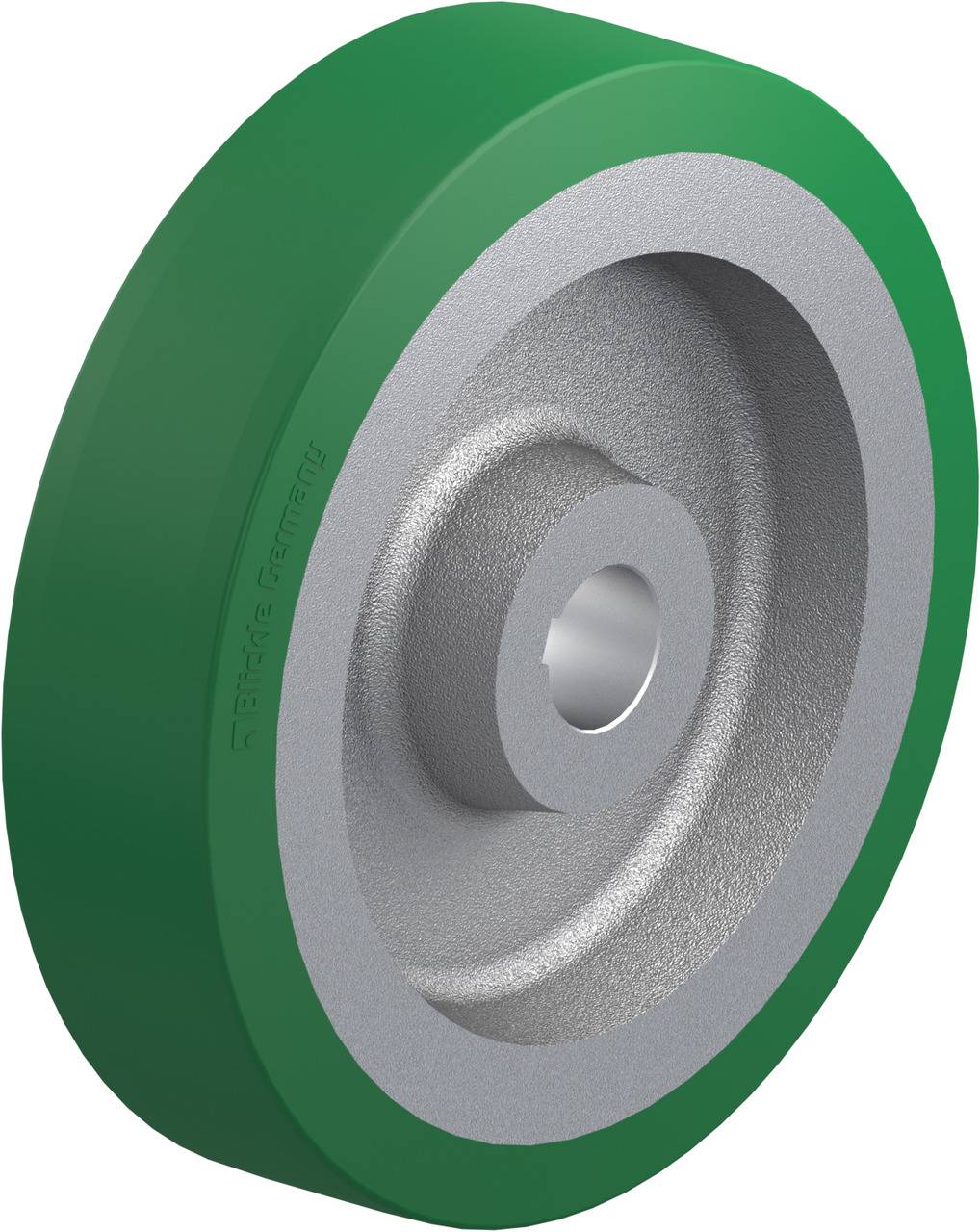 Grünes Metallrad für industrielle Anwendungen, zeigt solides Design mit glatter Oberfläche und innerer Befestigungsöffnung.