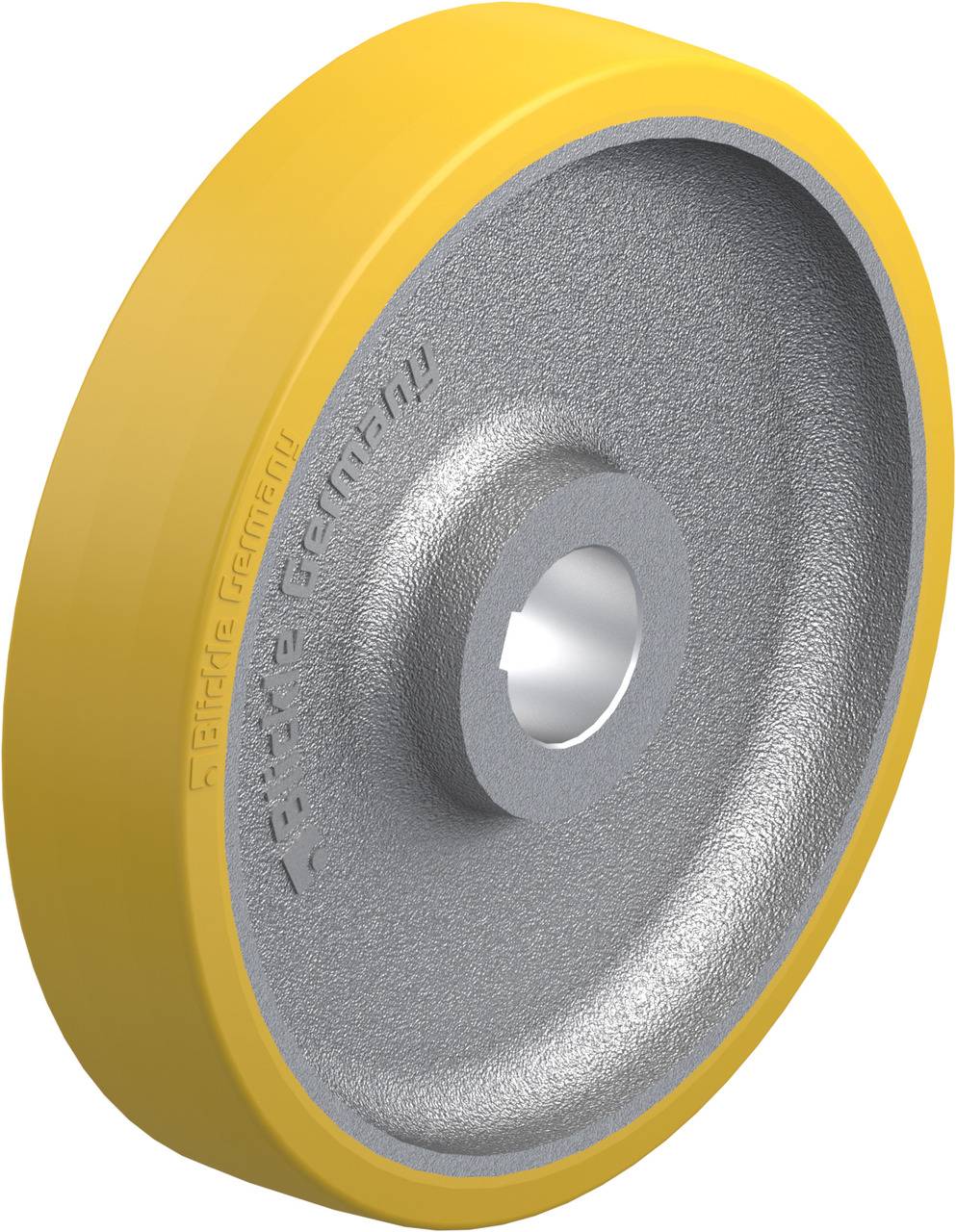 Ein Metallrad mit gelbem Gummirand, ideal für Transportwagen oder schwere Maschinen, bietet Stabilität und Lärmminderung.