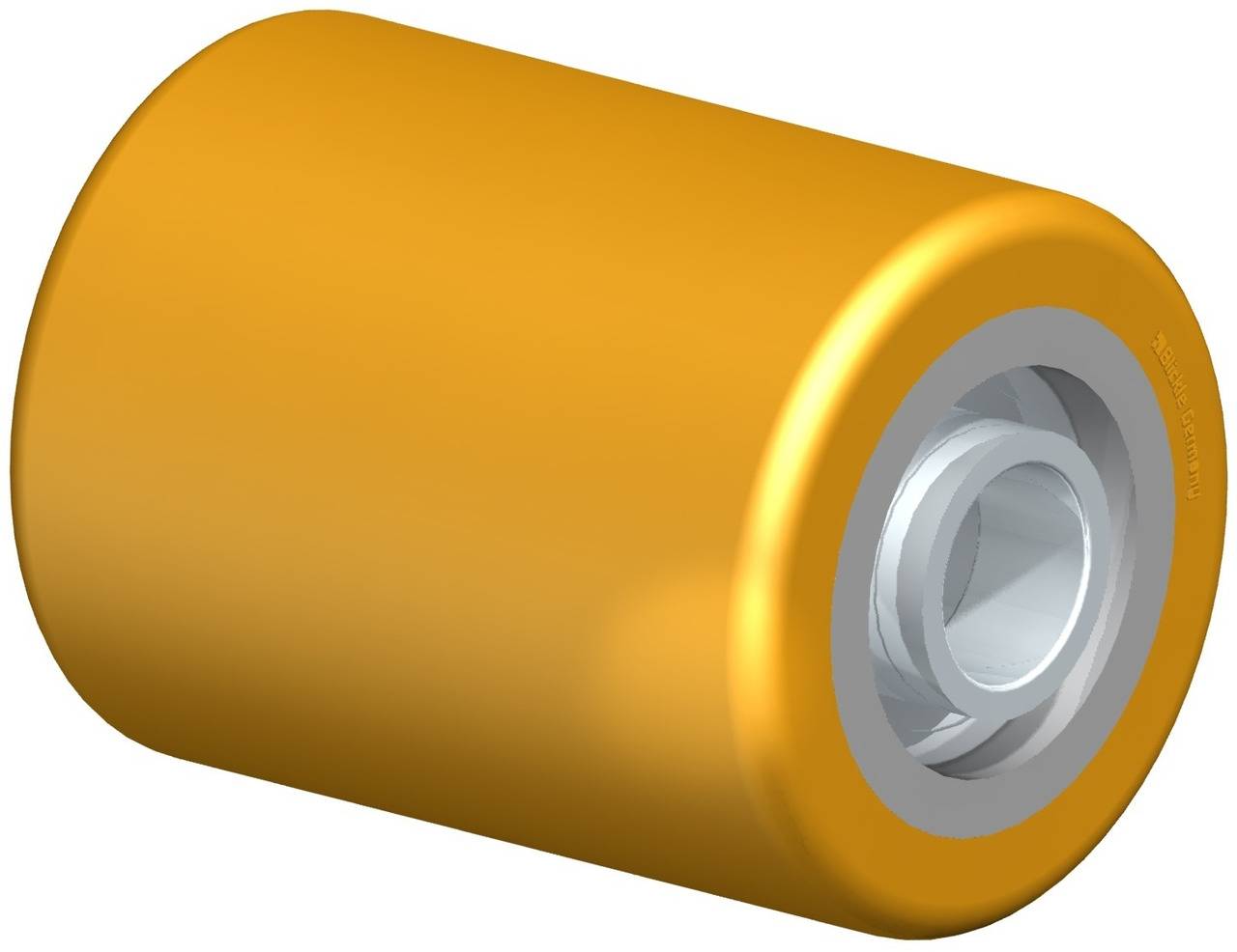 Orange Laufrolle mit metallischem Innenkern. Sie dient typischerweise als Teil eines Förderbandsystems zur Materialbewegung.