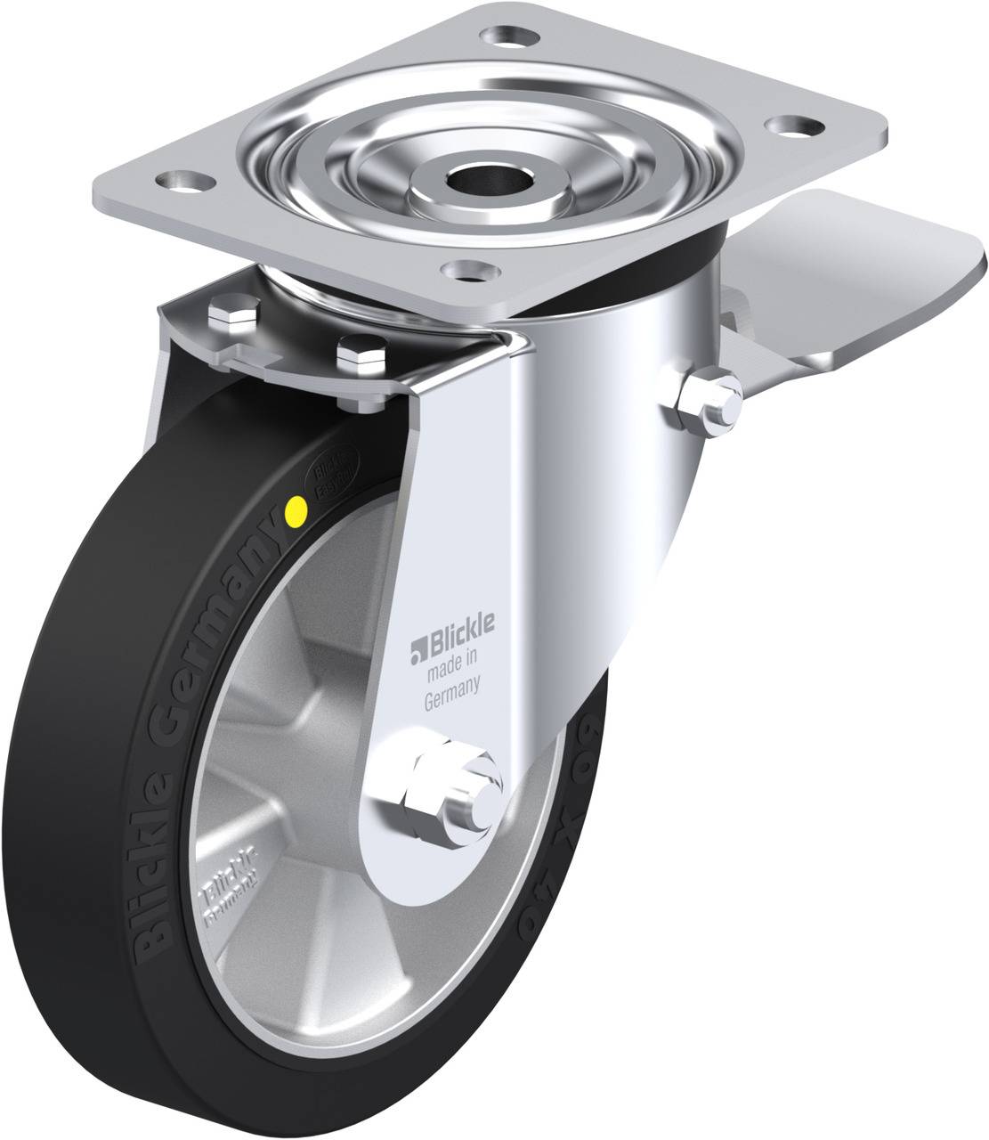 Lenkrolle aus Metall mit schwarzem Rad und Befestigungsplatte. Aufschrift 'Blickle made in Germany' an der Seite der Rolle.