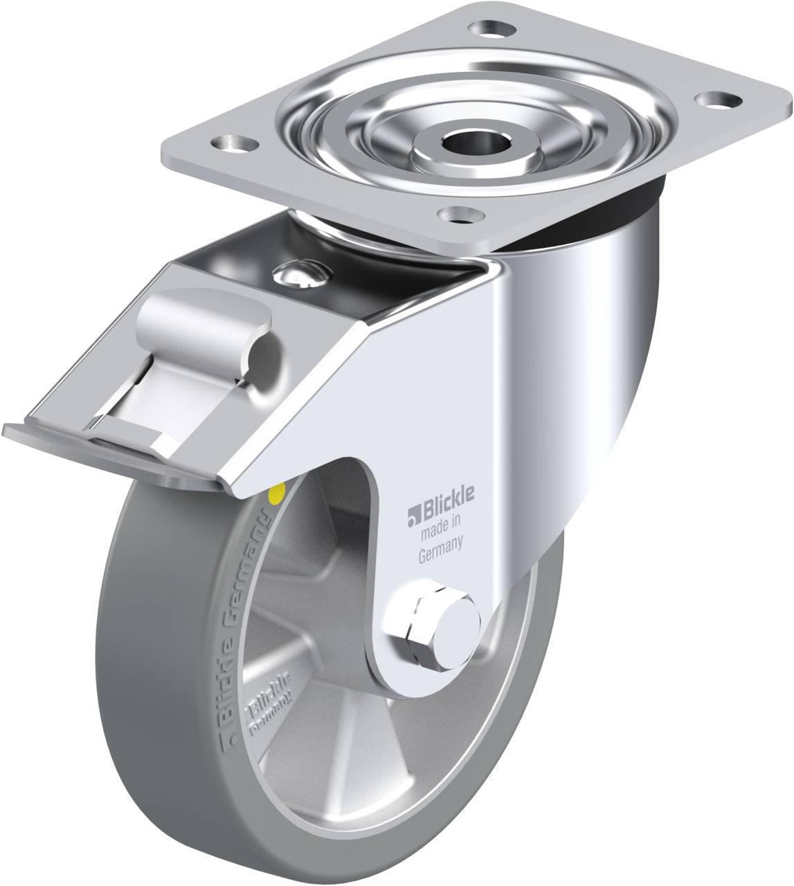 Schwenkrolle aus Metall und Kunststoff mit grauem Rad, Halterung und Befestigungsplatte oben. Klar erkennbar für technische Anwendungen.
