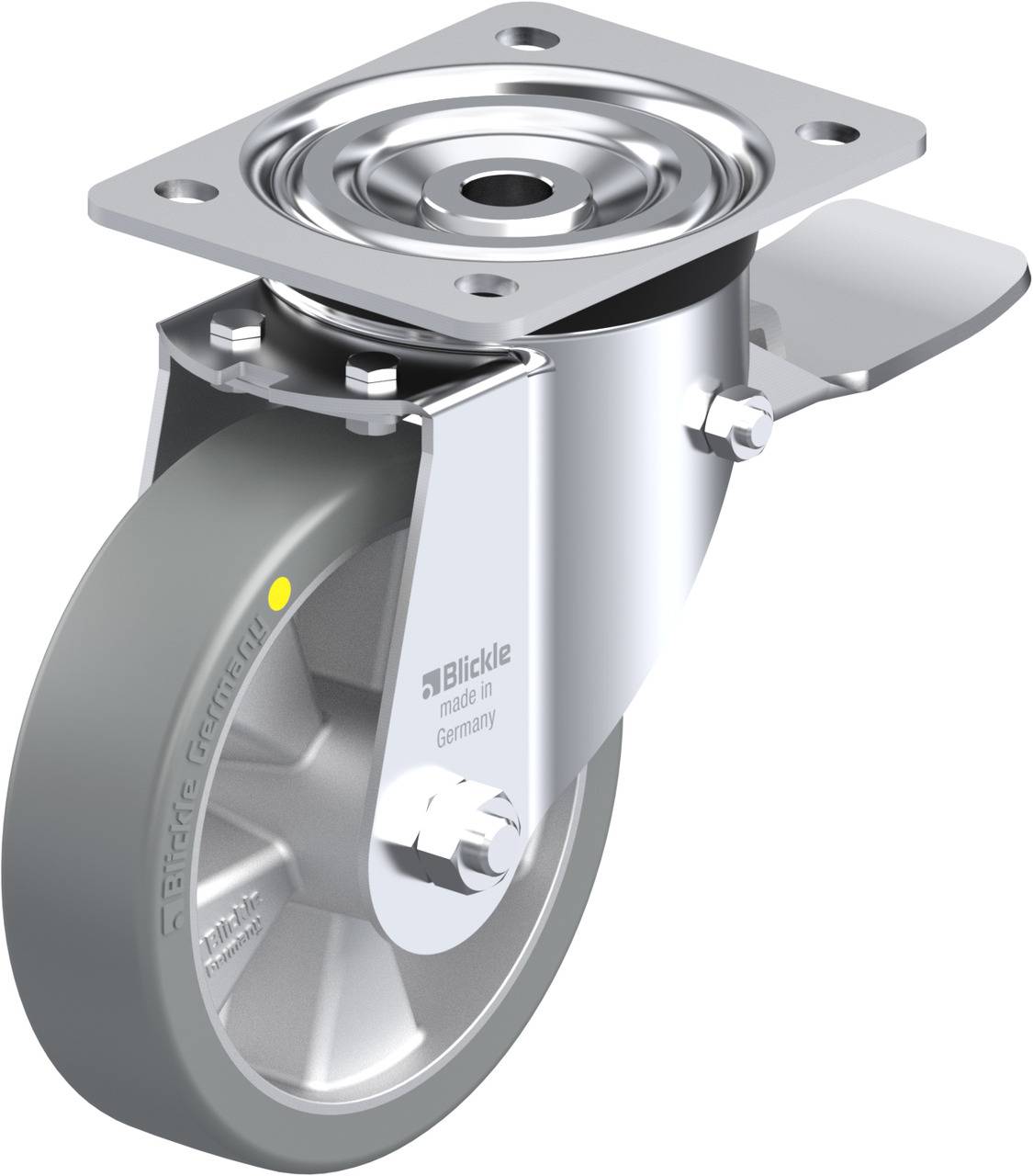 Schwenkrolle mit Befestigungsplatte aus Metall, grauer Gummireifen, geeignet für Möbel oder Transportgeräte.