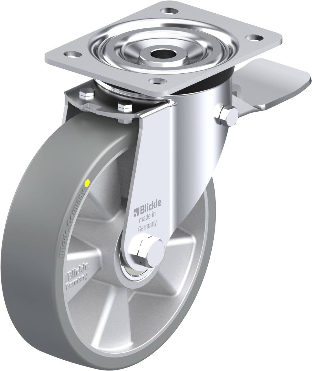 Schwenkrolle aus Metall mit grauem Rad und Montageplatte, markiert mit 'Blickle made in Germany', industrielle Verwendung.