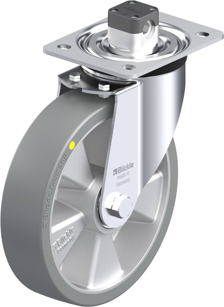 Grau-geschwenktes Rad mit Metallhalterung. Beschriftet mit 'Blickle, made in Germany'. Geeignet für industrielle Anwendungen.