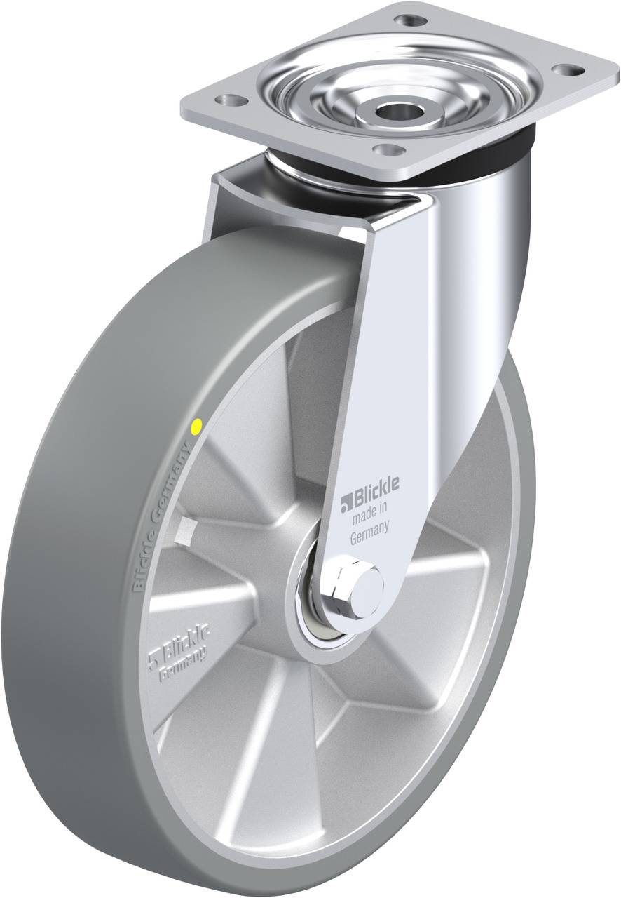 Grau-silbernes Lenkrollenrad mit rechteckiger Befestigungsplatte, Herstelleraufschrift 'Blickle' auf Felge und Radkappe.