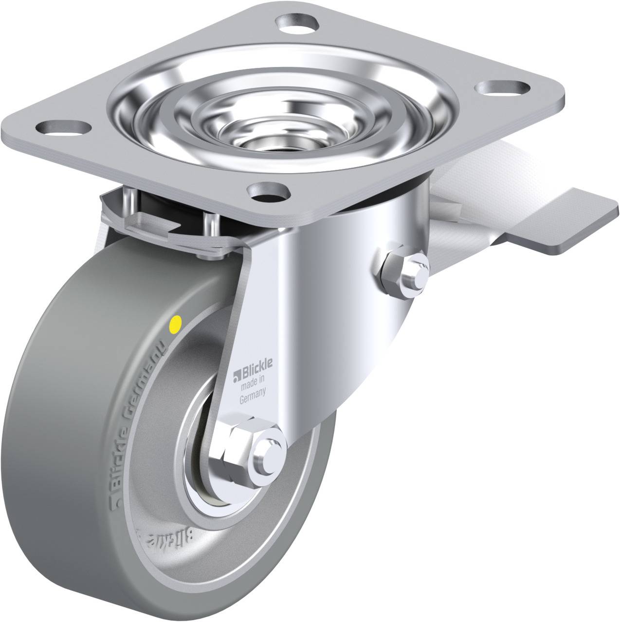 Ein graues Industriellenkrolle auf Stahlplatte, geeignet für schwere Lasten. Stabile Konstruktion mit grauem Rad und robustem, drehbarem Design.