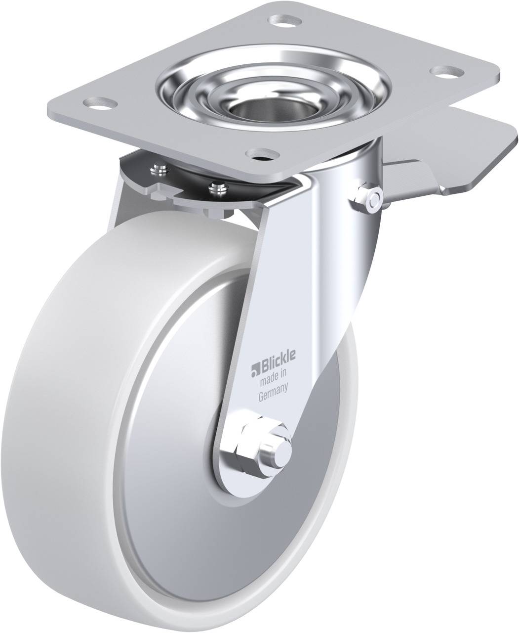 Industrie-Schwenkrolle mit grauem Rad aus robustem Material und metallener Halterung. Eignet sich für Schwerlastanwendungen.