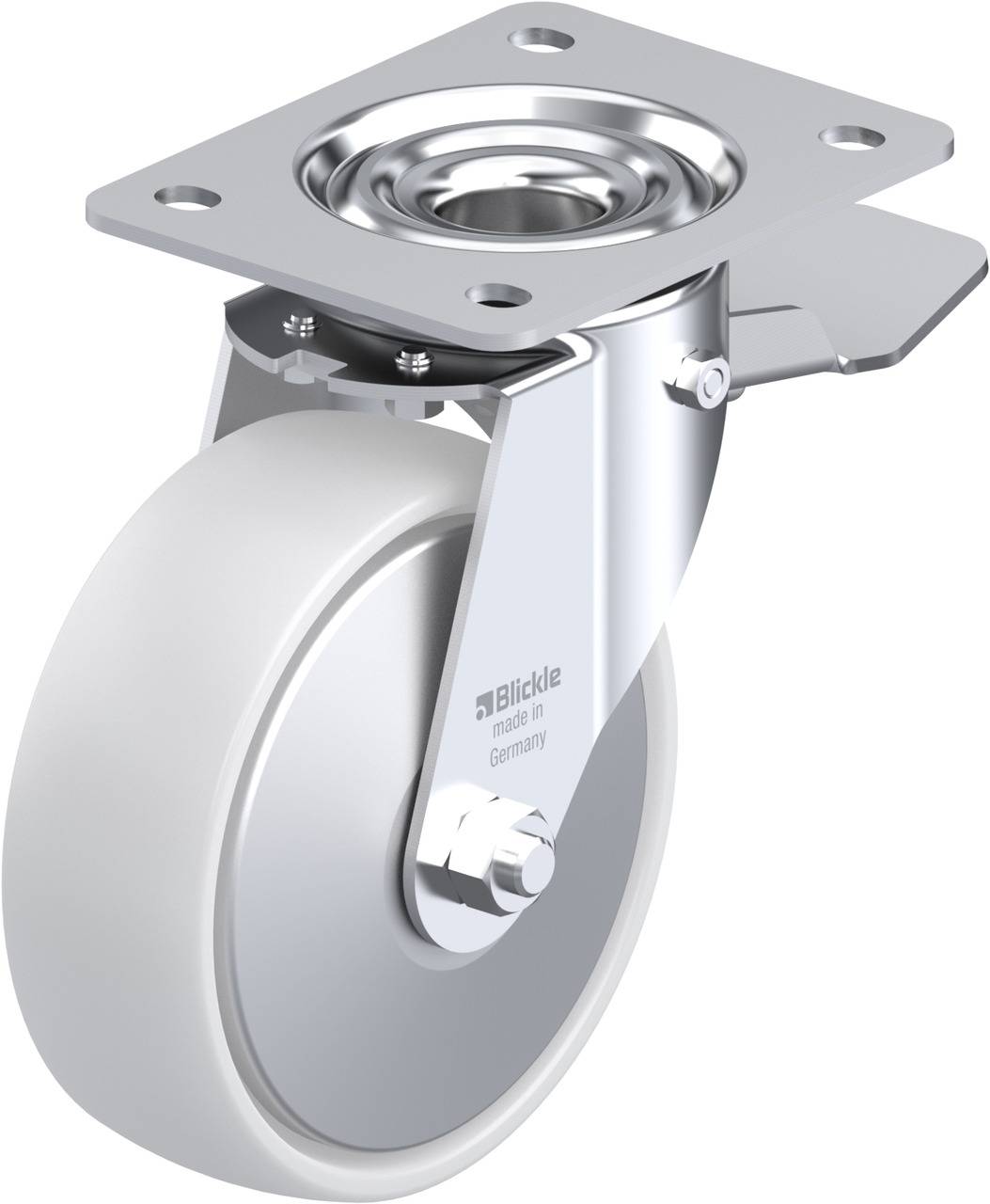 Industrie-Rollenrad mit grauem Gummireifen und Metallhalterung, geeignet für schweres Gerät, mit rundem Lager im Gehäuse.