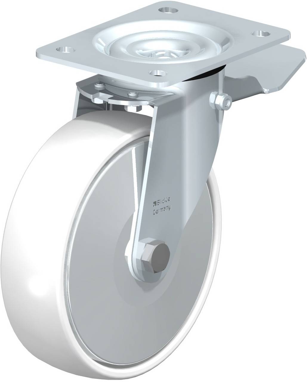 Ein einzelnes weißes Lenkrolle mit Metallhalterung, geeignet für den Einbau an Möbel oder Transportwagen zur einfachen Bewegung.
