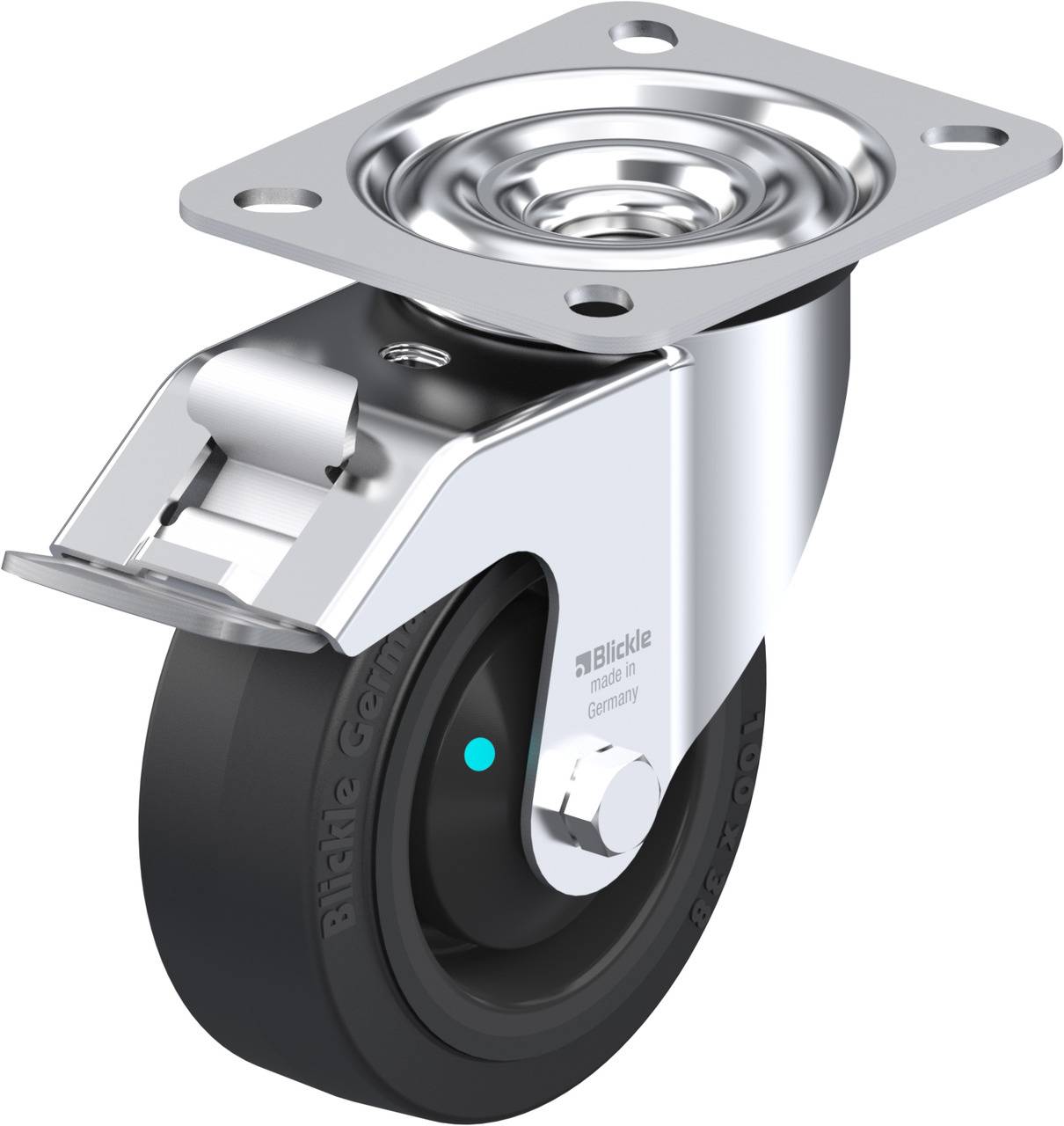 Schwenkrolle mit Metallplatte und schwarzem Rad, geeignet für Möbel oder Geräte, zeigt oben Befestigungselement.