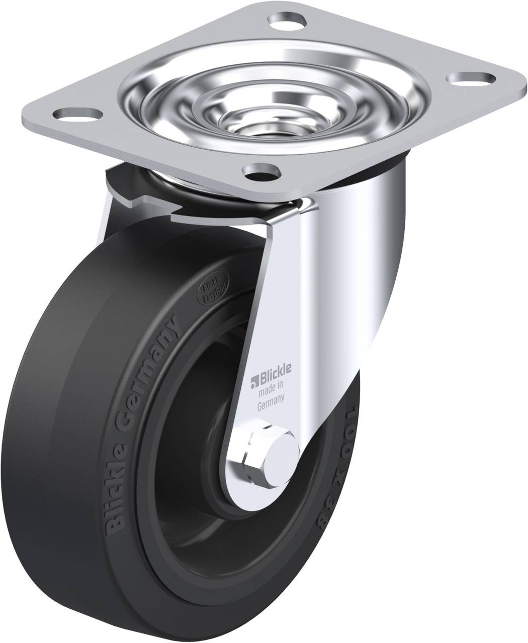 Schwenkrolle mit grauem Gummirad und Metallbefestigung, designed für Möbel oder Transportgeräte.