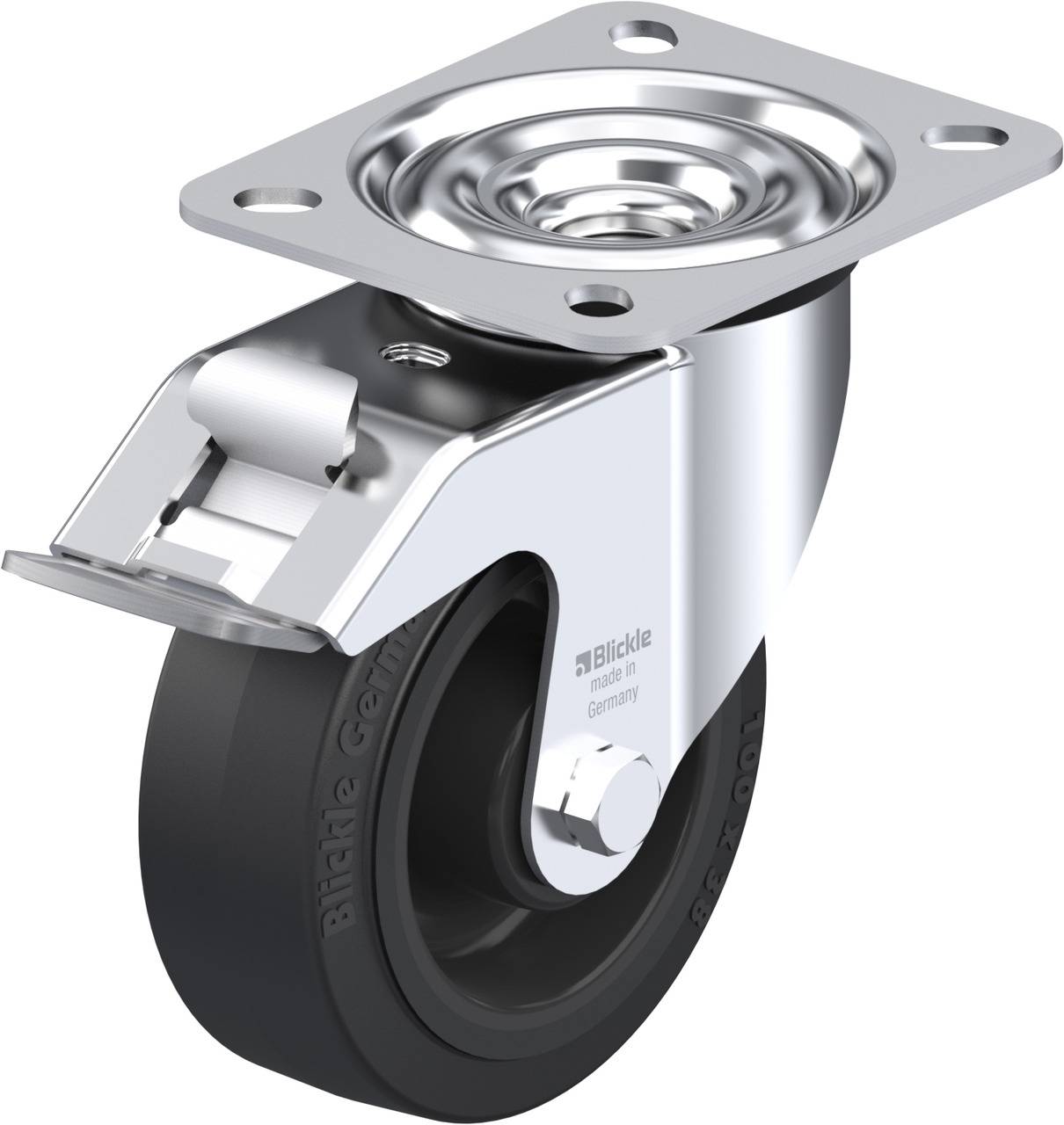 Zinkbeschichtetes schwenkbares Gehäuse aus Stahl mit schwarzem Gummirad und Feststellbremse, geeignet für den industriellen Einsatz.