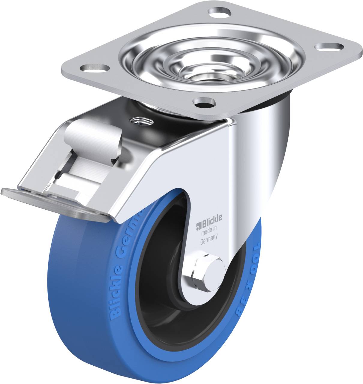 Rolle mit blauer Gummibeschichtung und silbernem Metallgehäuse, geeignet für Möbel oder Geräte, zeigt Montageplatte oben.