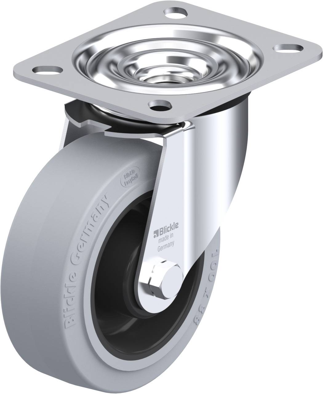 Metallisches Lenkrollenrad mit grauem Gummi, geeignet für Möbel oder Geräte. Robust und drehbar, zur einfachen Bewegung geeignet.