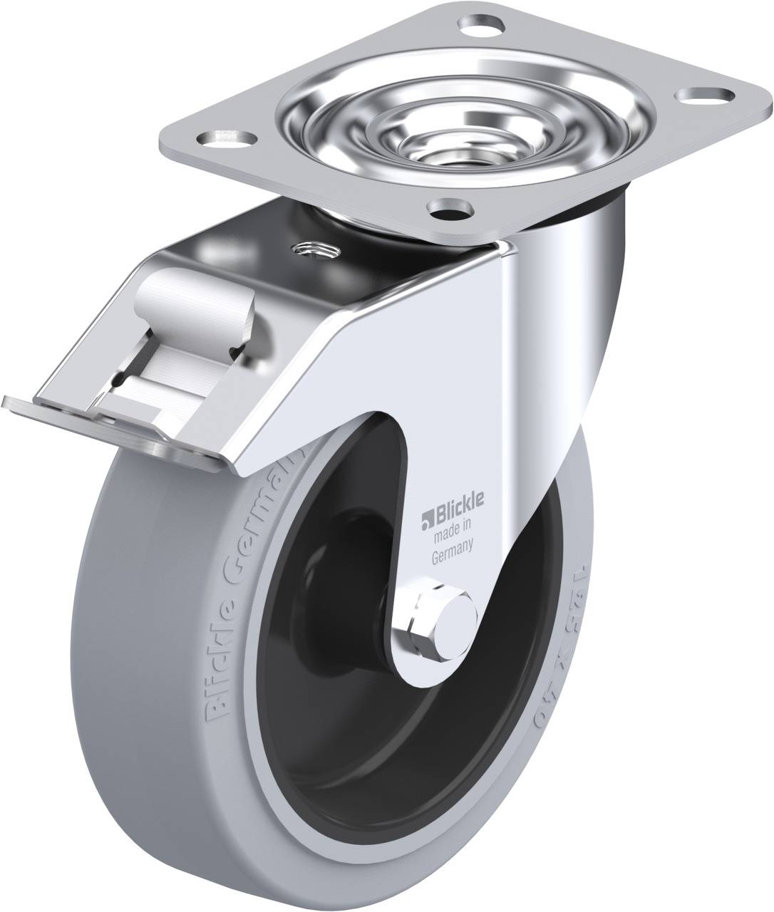 Industrie-Lenkrolle aus Metall mit grauem Rad und Montageplatte.